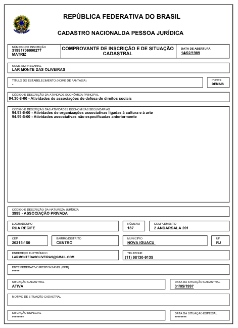 CNPJ Lar Monte das Oliveiras